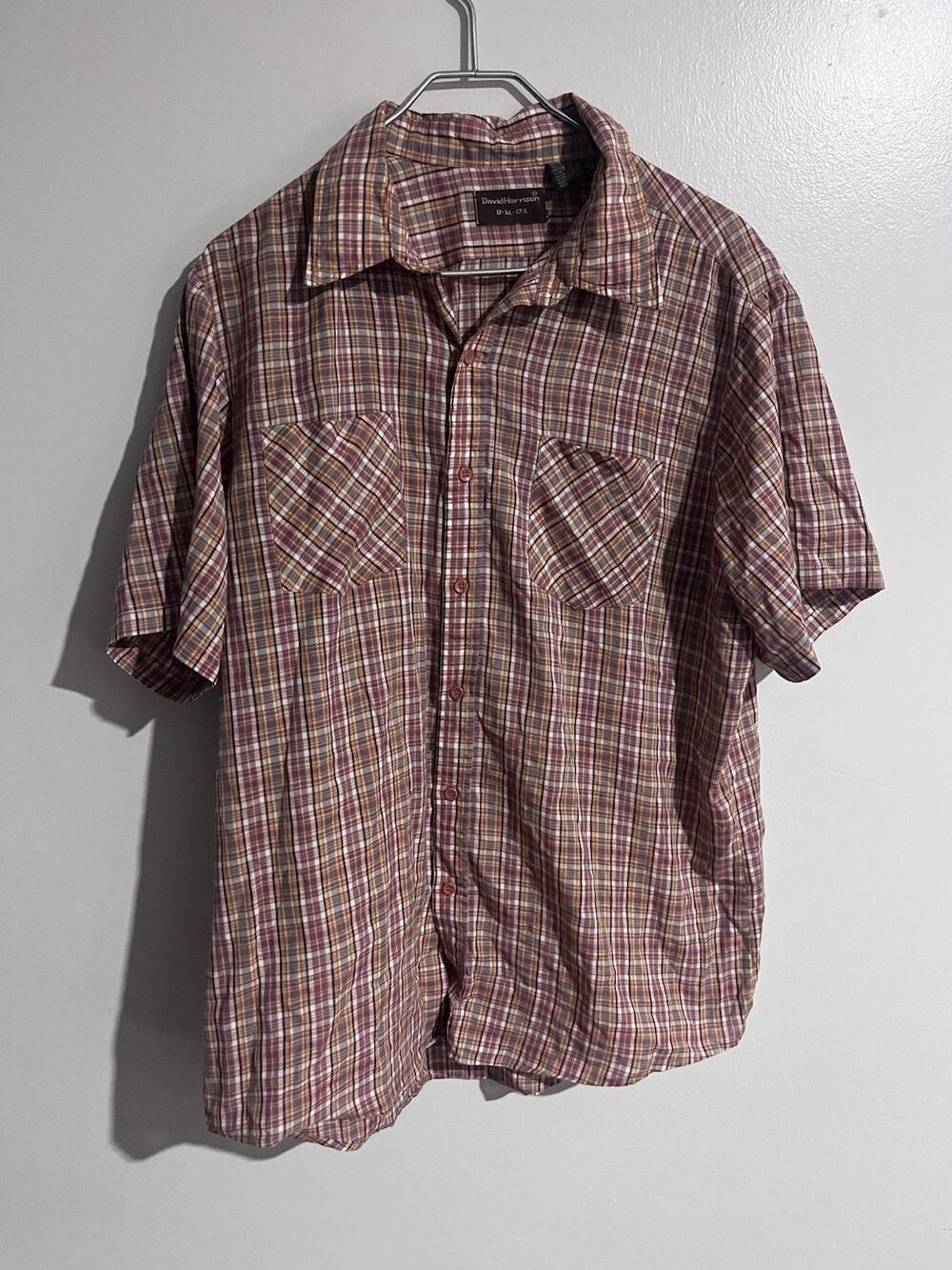 Vintage DAVID HARRISON Orange Red Plaid Short Sleeve Button Down Shirt Sz. XL